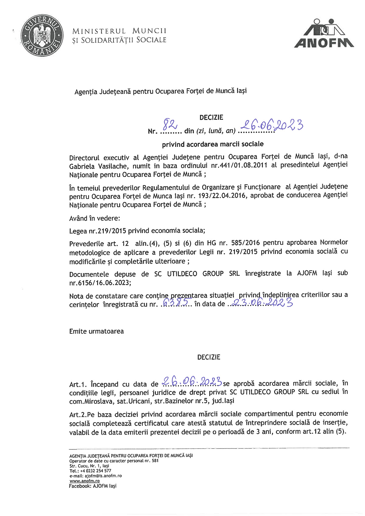 AJOFM_Decizie nr.82_26.06.2023_acordare marcă socială UTILDECO-1