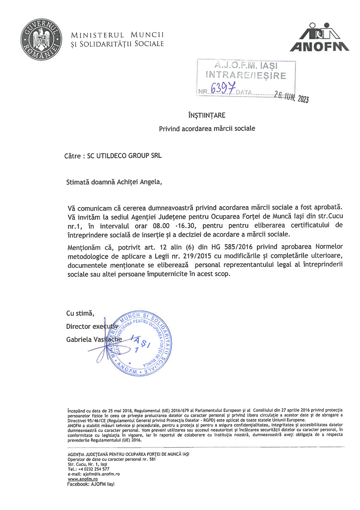 AJOFM_Inștiințare privind acordarea mărcii sociale UTILDECO